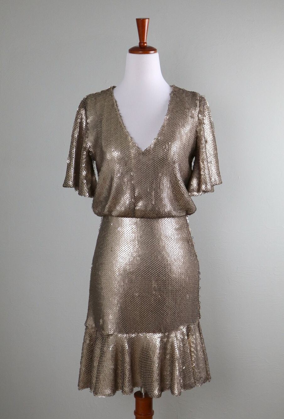 MONIQUE LHUILLIER ML Gold Sequin Embellished Flounce Dress Size 4